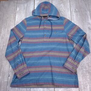 Toad & Co Barrel House Hoodie Men Size Medium Blue Striped Henley Pullover